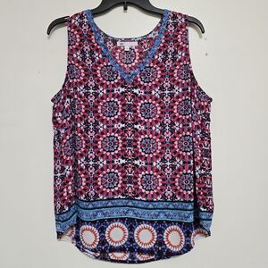 DR2 Daniel‎ Rainn size Large Sleeveless Blouse V Neck Geometric Pink Blue